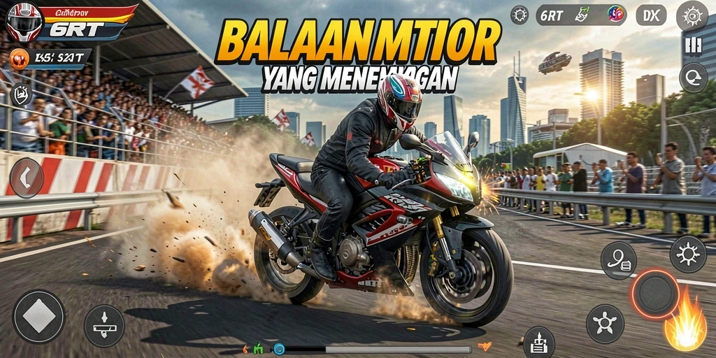 Screenshot gameplay 6RT menampilkan aksi balapan motor yang intens.