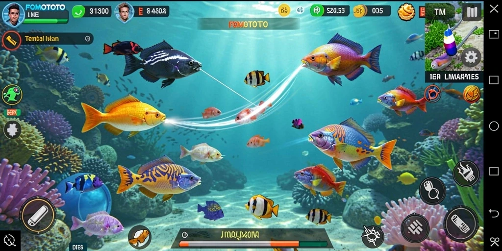 Gameplay seru FOMOTOTO dengan ikan berwarna-warni.