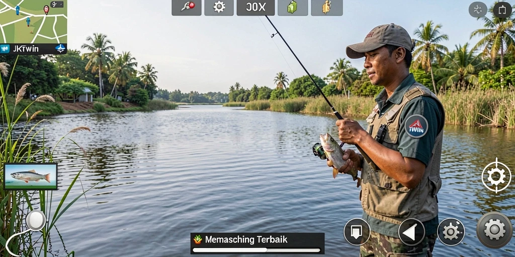 Tampilan gameplay JKTWIN dengan aksi memancing yang seru.