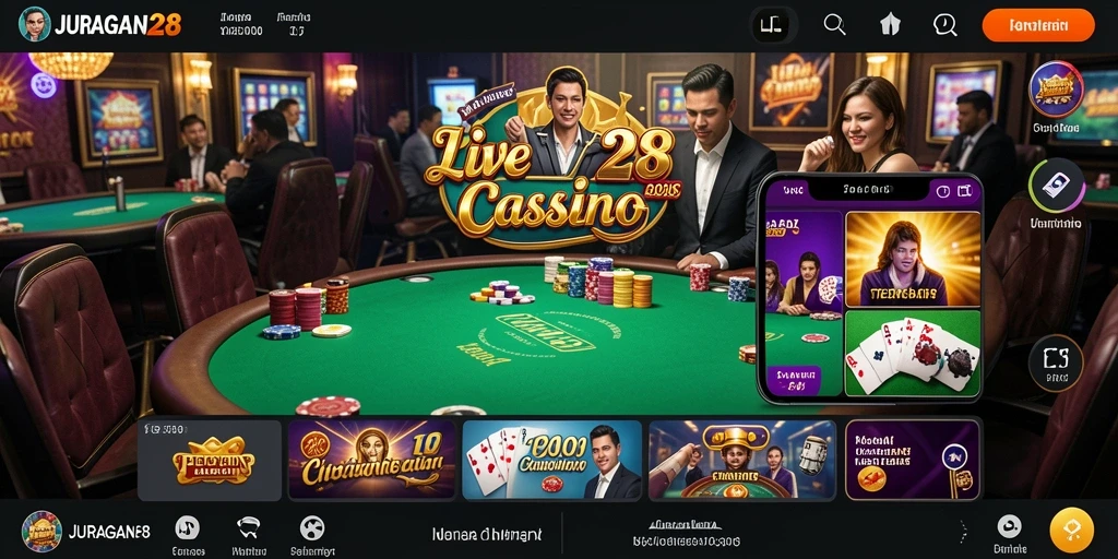 Screenshot gameplay JURAGAN28 menampilkan dealer yang berinteraksi dengan pemain secara langsung.