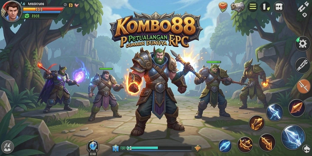 Screenshot gameplay KOMBO88 yang menunjukkan karakter bertempur di dunia fantasi.
