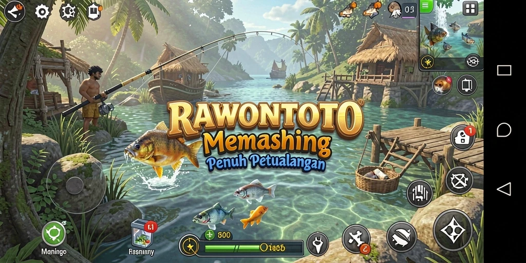 Tampilan gameplay RAWONTOTO dengan aksi memancing yang mendebarkan.