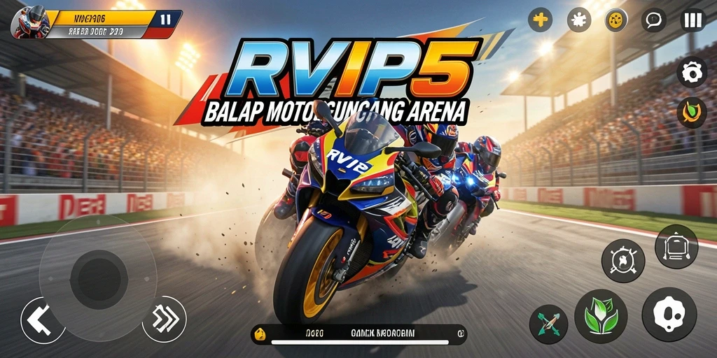 Screenshot menunjukkan aksi balap motor dalam RVIP5 yang mendebarkan.