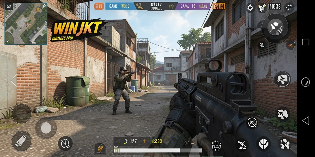 Screenshot gameplay WINJKT menampilkan aksi tembak-menembak yang intens.